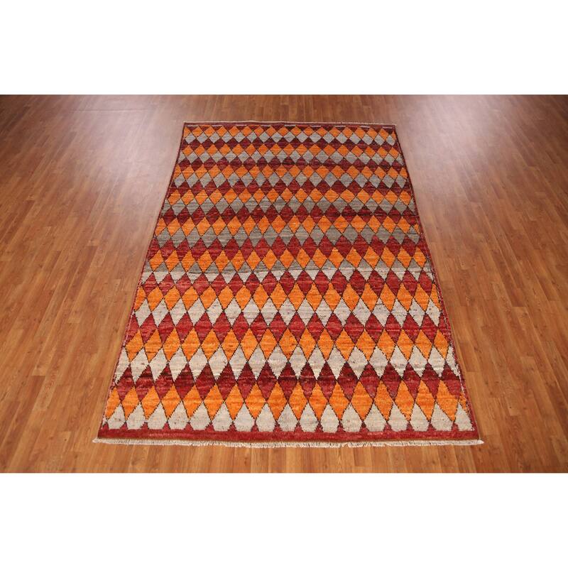 Orange Trellis Moroccan Oriental Area Rug Hand-Knotted Wool Carpet - 6'4" x 9'9"