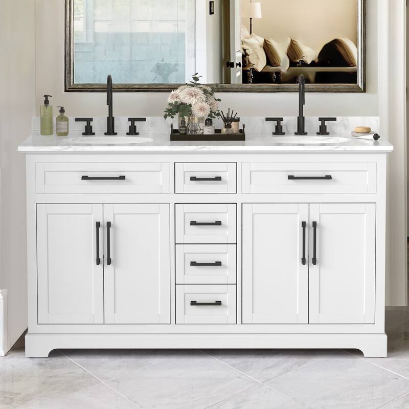 Bathroom Vanity with Marble Countertop without Mirror - 60 inch - White