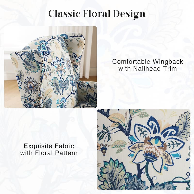 HOMYKA 29'' Wide Floral Pattern Wingback Accent Armchair with Nailhead Trim