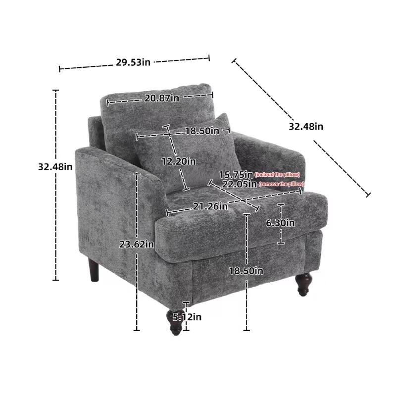 Gray Modern 29.53" Chenille Upholstered Arm Chair with Solid Wood Frame and Pillows