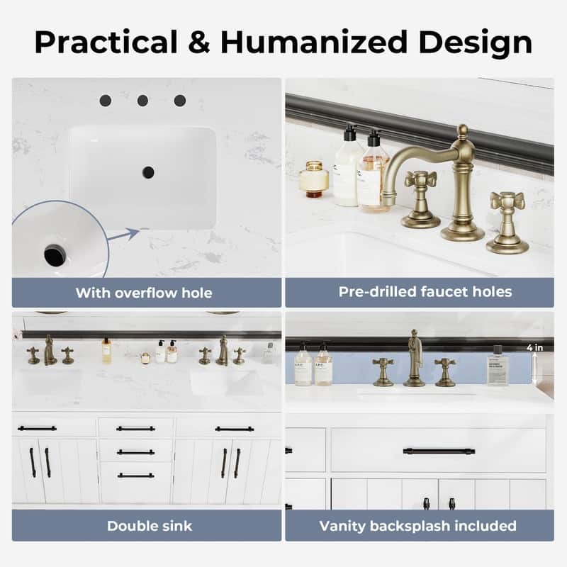 72-inch Double Bathroom Vanities with 2 Integrated Rectangular Sinks