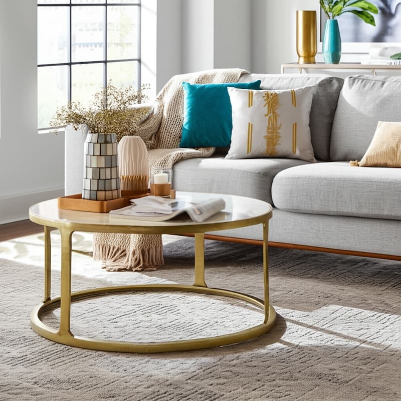 Metal Coffee Table Aluminum Frame with Savoir Style Round Top - 19" Gold & White - 40" x 40" x 19"