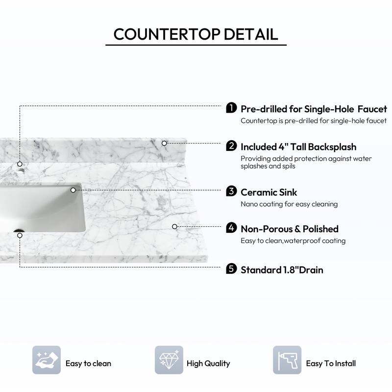 Zevio Natural Marble Vanity Top in Carrara White with Ceramic Sink