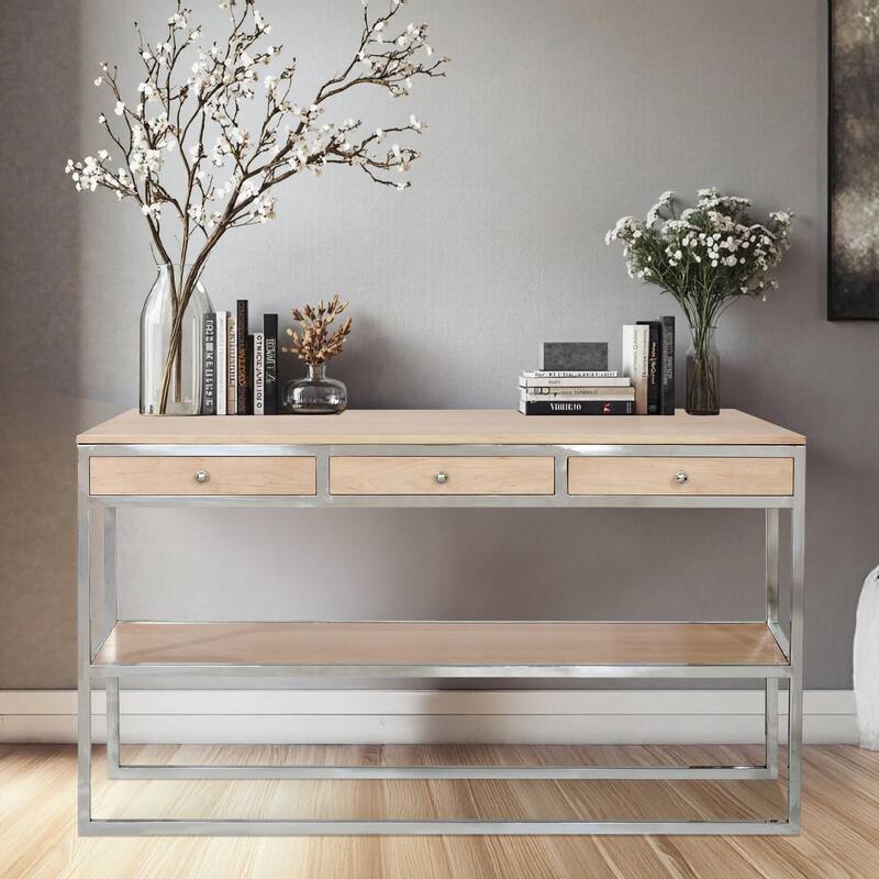 Pasargad Home Oren Cream/Silver Console Table with 3 Drawers - W55" x D15.75" x H32.5"