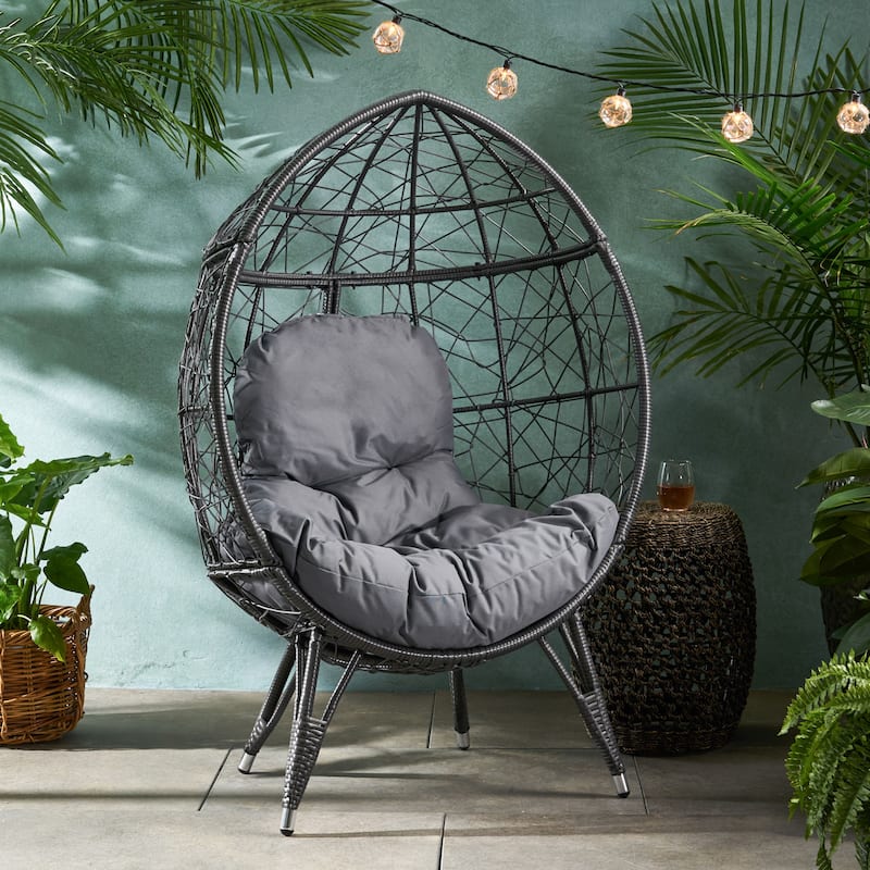 Gianni Teardrop Chair Gray PE Rattan Iron Frame Waterproof Fabric Cushion Outdoor Patio