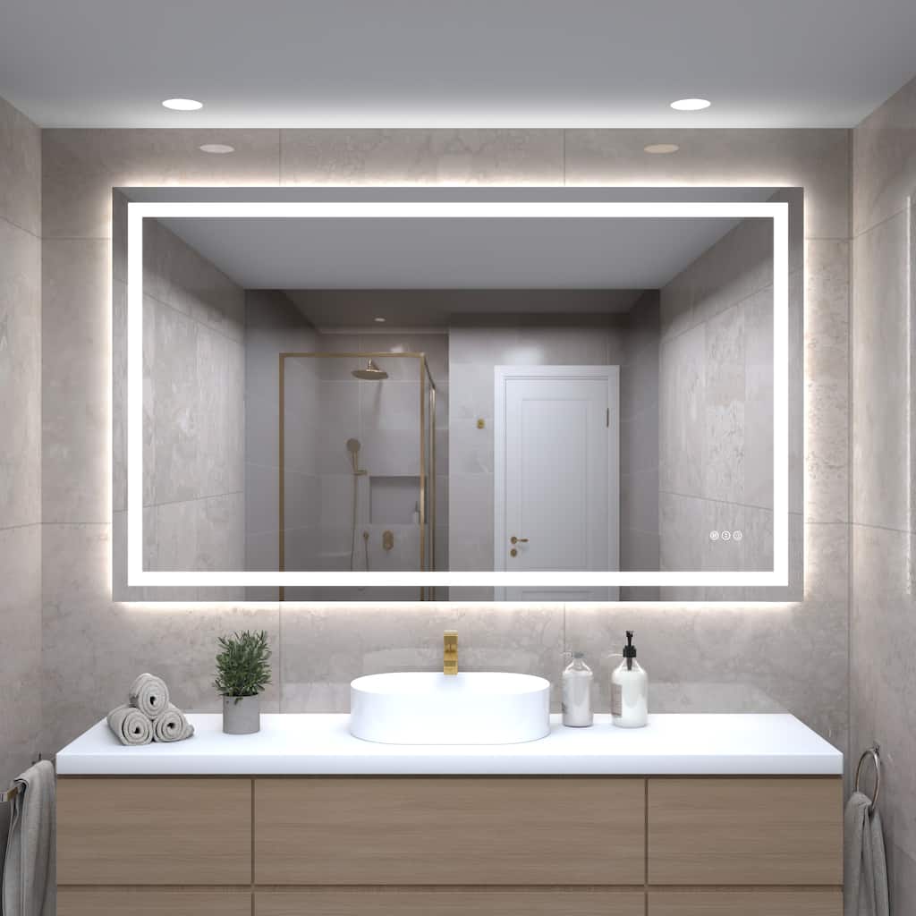 60 x 36 Inch LED Bathroom Mirror with Front and Backlight, Wall Mounted Vanity Mirror, 3 Colors, Stepless Dimmable