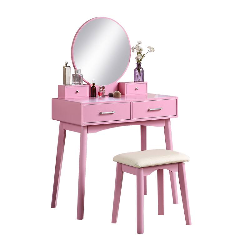 Liannon Contemporary Wood Vanity and Stool Set,Round Mirror