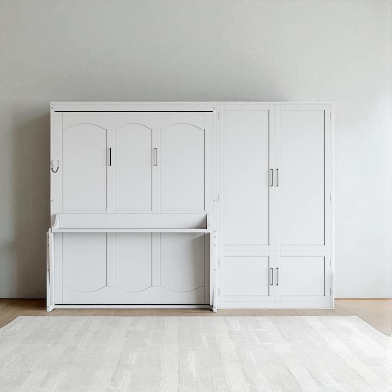 Queen Size Murphy Bed Wall Bed with Closet, Hydraulic Lift, Storage Shelf and Wardrobe, Space Saving Cabinet Bed - White - Queen