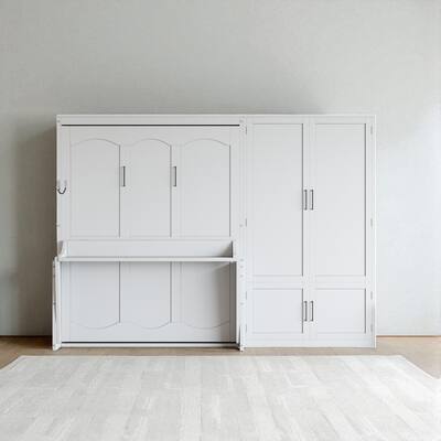 Queen Size Murphy Bed Wall Bed with Closet, Hydraulic Lift, Storage Shelf and Wardrobe, Space Saving Cabinet Bed