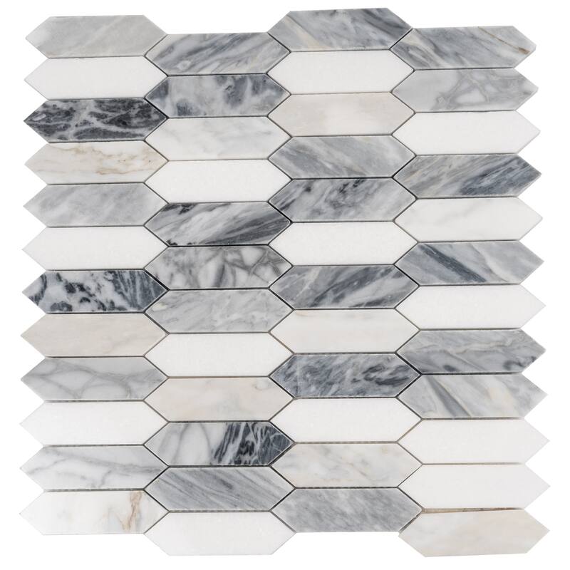 Toscana 12x12 in. Polished Calacatta Bluette, White Elongated Picket Mosaic Wall and Floor Tile (4.91 sq ft/case, 5-Pack) - White Gray