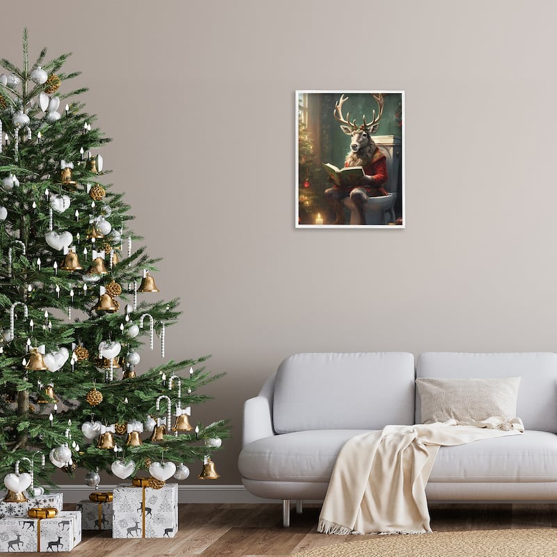 Stupell Reindeer in Festive Bathroom Framed Giclee Art Design By Jo Moulton