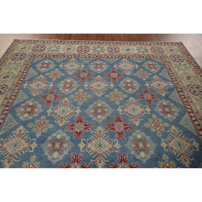 Blue Geometric Kazak Oriental Area Rug Handmade Wool Carpet - 9'2" x 12'4"
