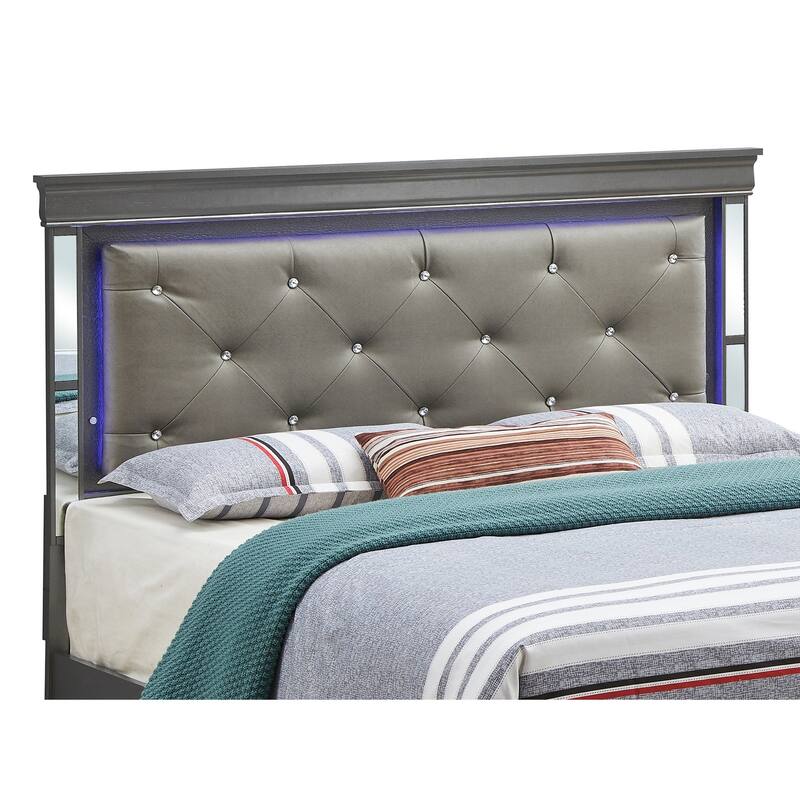 Black Panel Bed - 63" x 85" x 53" - Tufted Leather Headboard & Accent Lighting