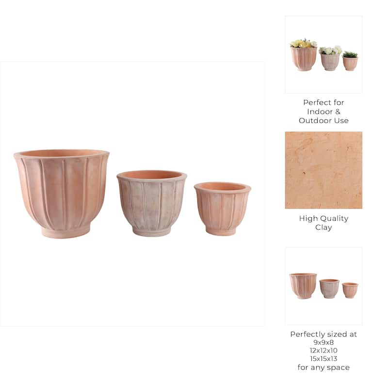 Pottery Clay Planters with Petal Ribbed Detailing (Set of 3) - 15" x 15" x 13"