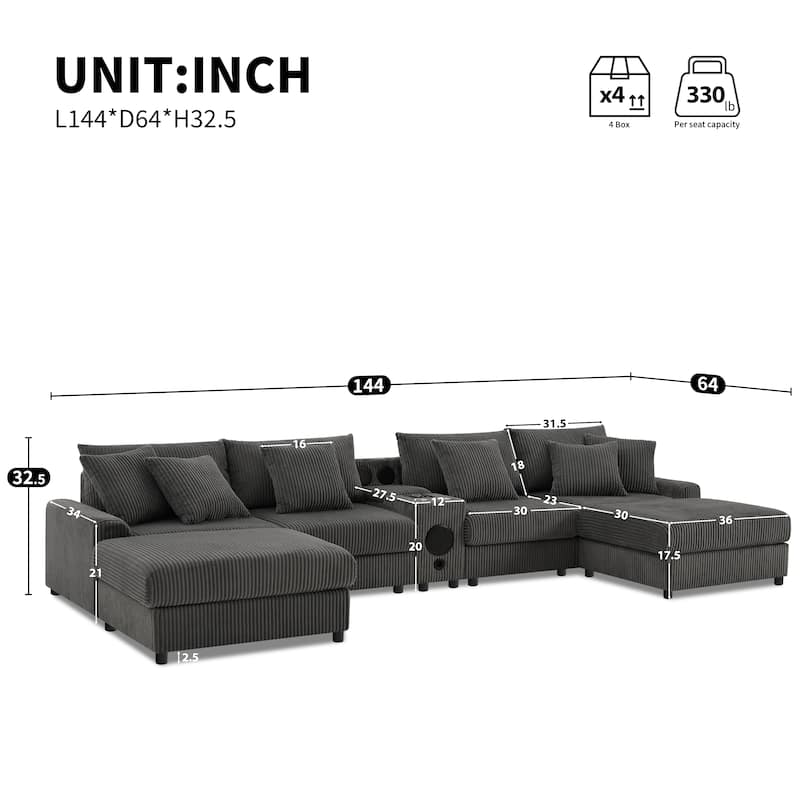 U-Shaped Cloud Corduroy Sectional Sofa with Console, Cup Holders, Bluetooth Speakers, Charging, Storage Ottoman, Deep Seats Sofa