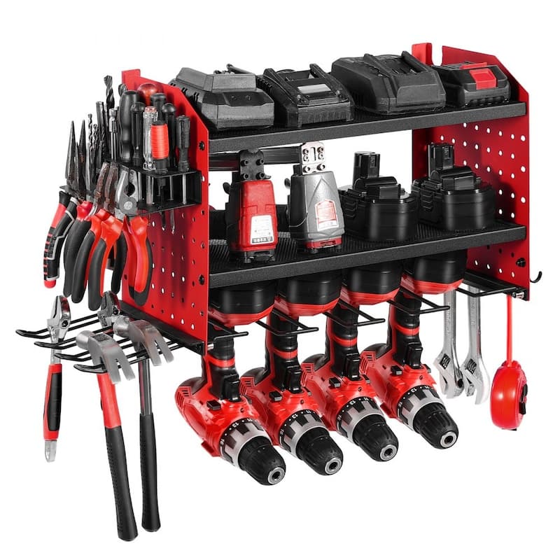 3-Tier Wall Mounted Power Tool Rack with Adjustable Shelf and 4 Drill Slots Pegboard Hooks - 23.31” x 8.66” x 12.01”