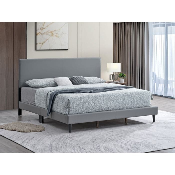 Light Grey Faux Leather King Bed with Adjustable Headboard and Slats