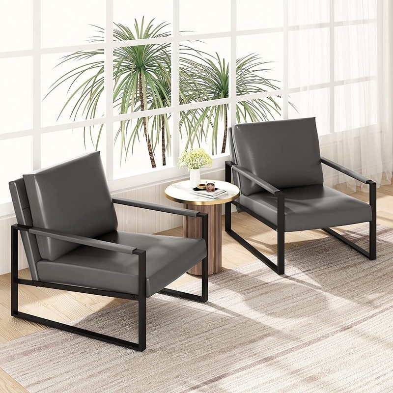 Eureka Modern Vintage Upholstered PU Leather Armchairs, Mid Century Accent Chairs with Steel Frame, Leisure Chairs (Set of 2)