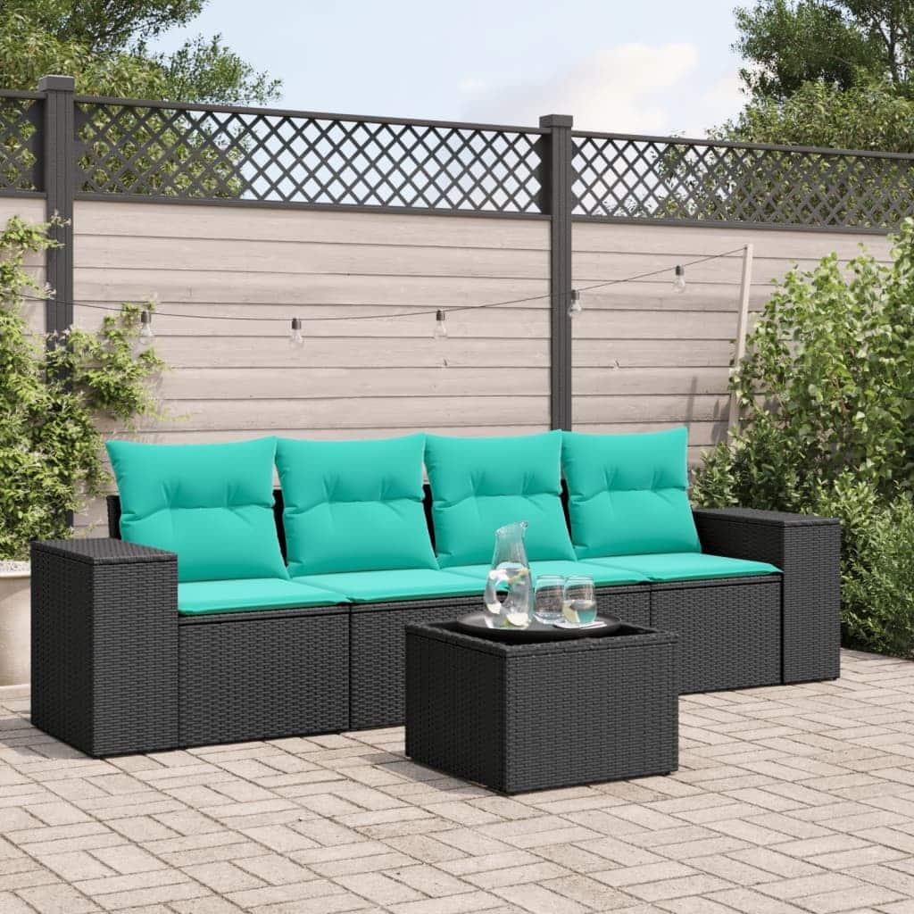vidaXL 5 Piece Patio Sofa Set with Cushions Black Poly Rattan - 21.7 x 24.4 x 27.2