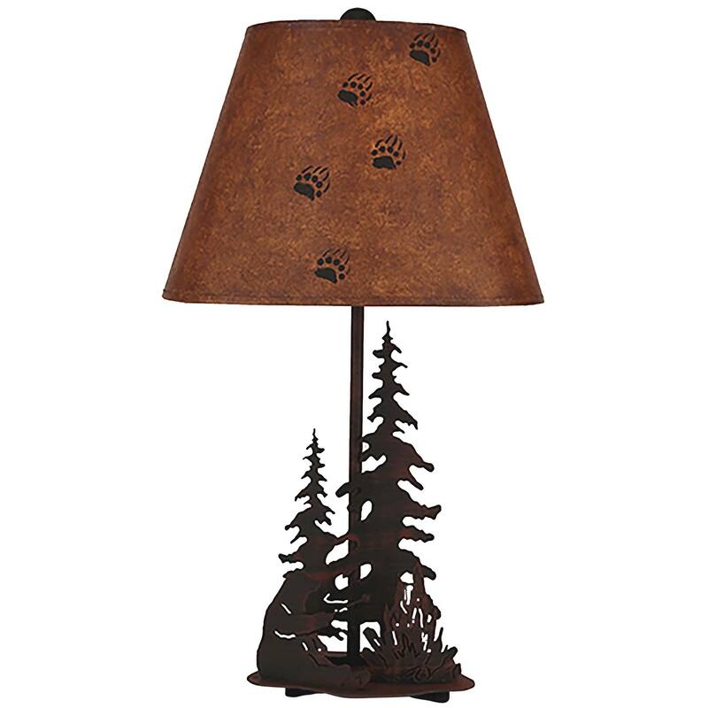 Rustic Iron Nature Scene Table Lamp with Nightlight - Bear Roasting Marshmallow