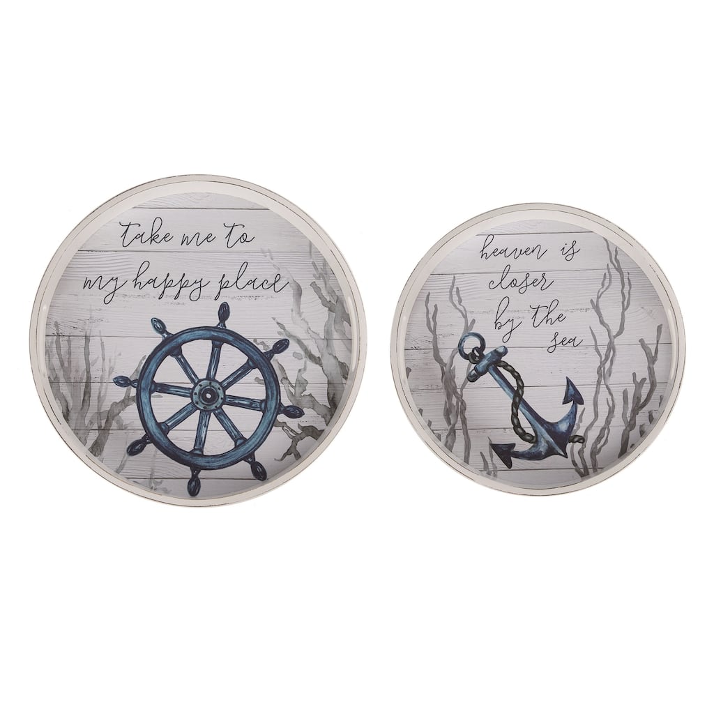 Transpac Wood 15.75" Blue Spring Coastal Nested Trays Set of 2