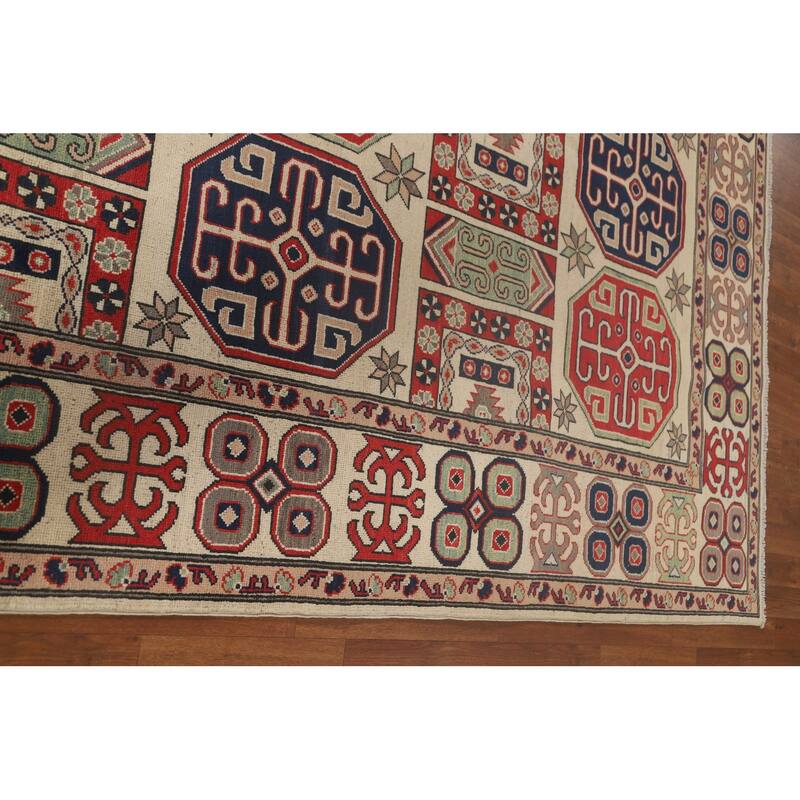 All-Over Geometric Kazak Area Rug Handmade Wool Carpet - 6'9" x 9'6"