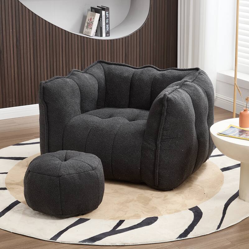Extra-Large Chenille Bean Bag Chair with Footstool, Comfy Bean Bag Sofa for Adults, High Resilient Foam Square Lazy Sofa