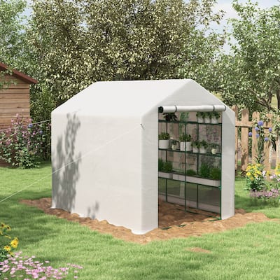 Outsunny Walk-in Greenhouse for Outdoors with Roll-up Zipper Door, 18 Shelves, PE Cover, Small and Portable Green House