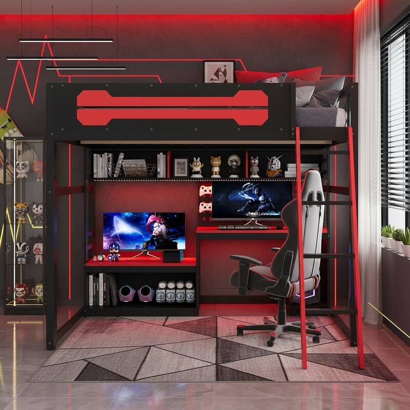 E-Sport Elite Full Size Loft Bed with RGB Lighting, Charging Station & Gaming Desk Hub by Harper&Bright Designs - Red