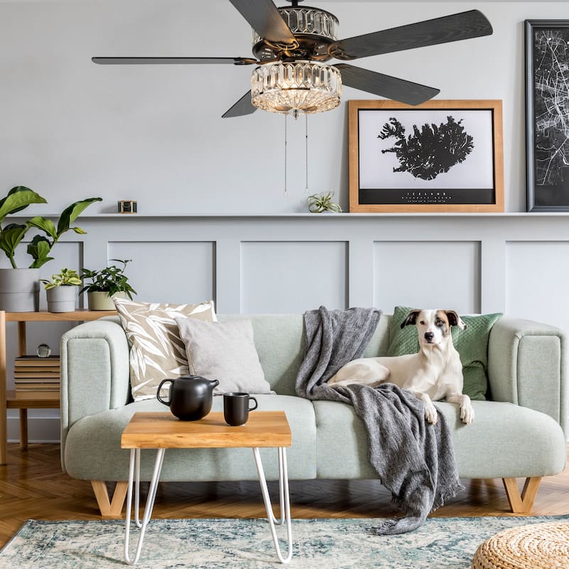 Silver Geometric Diamond Shaped Double-Layered Clear K-9 Crystal Ceiling Fan - 52 Inches - 52 Inches