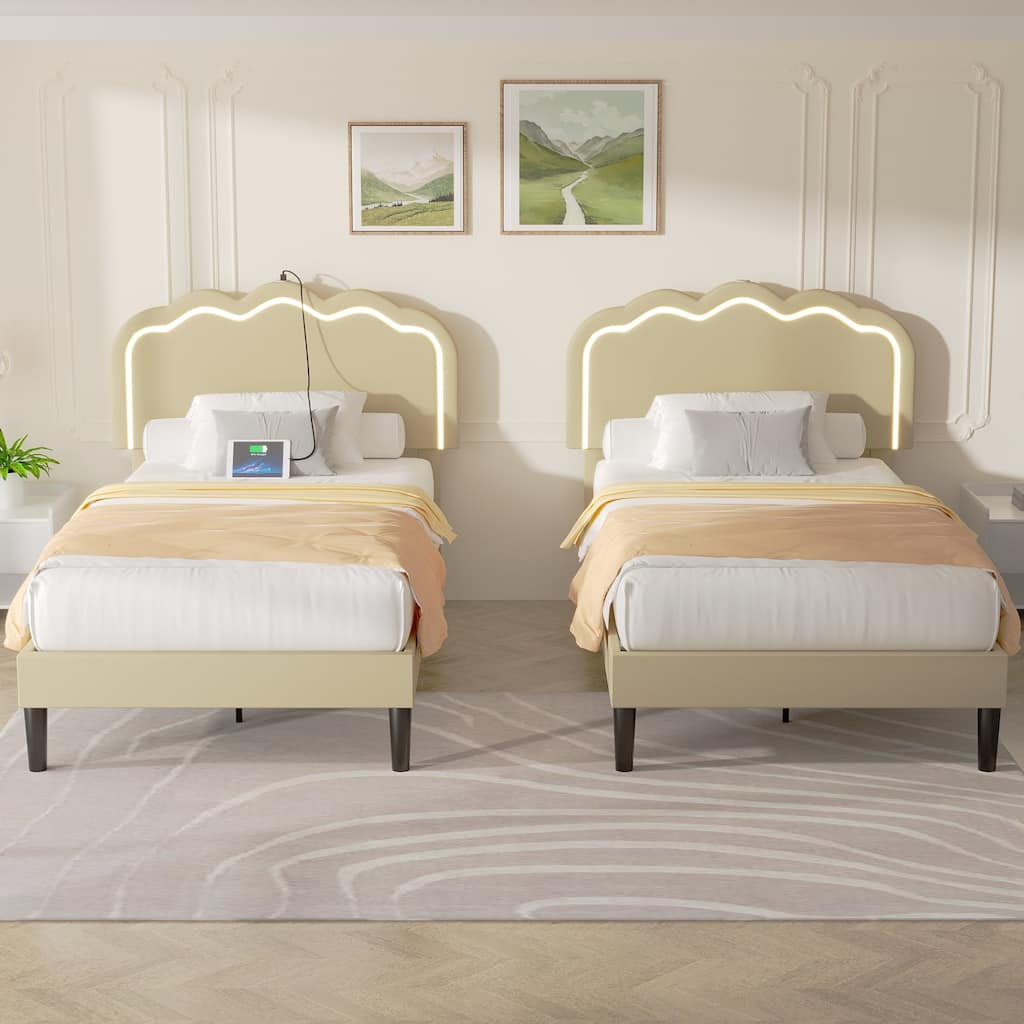 VECELO Upholstered Platform Kids Bed Frame with Headboard & LED Lights,Twin Size Bed Set of 2