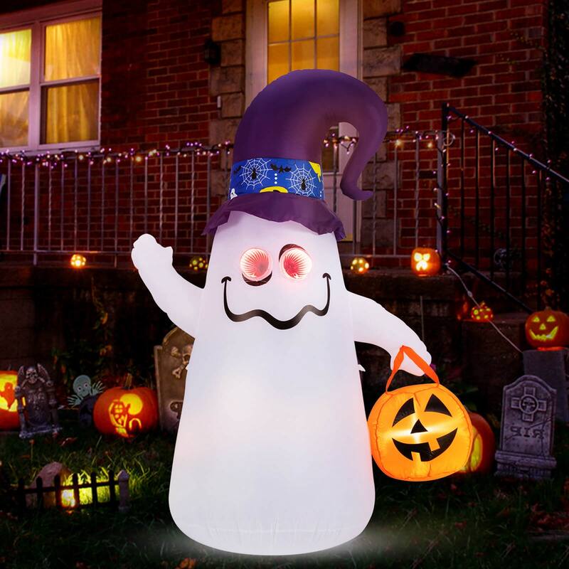 Costway 6 Ft Halloween Inflatables Cute Ghost with Jack-O-Lantern & - See Details - White