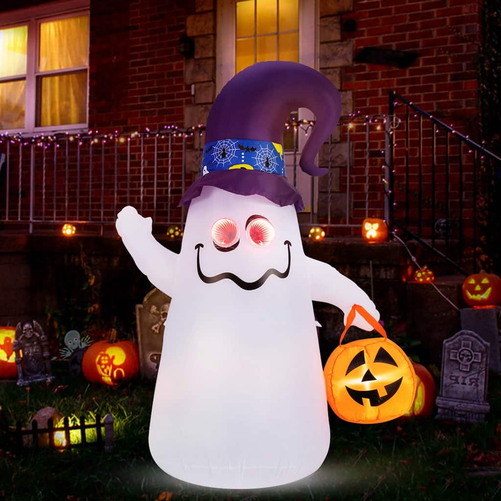 Costway 6 Ft Halloween Inflatables Cute Ghost with Jack-O-Lantern & - See Details