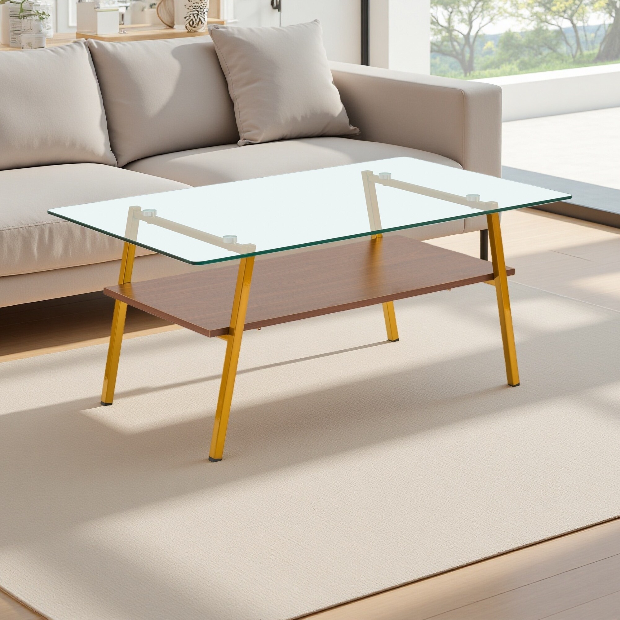 35.4" Glass Oval Coffee Table with Oak Legs