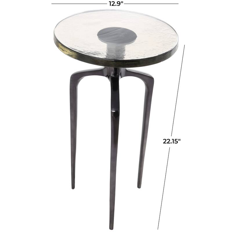 Black Aluminum Metal Accent Table with Textured Glass Tabletop
