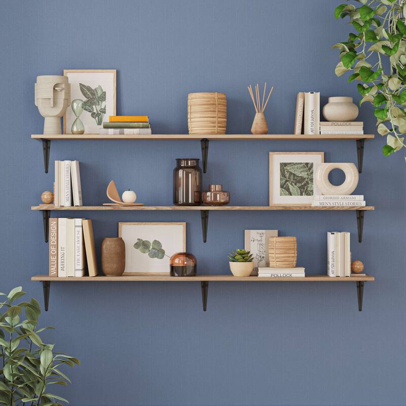 Wallniture Cervo 60" x 10" Floating Shelves for Wall Decor, Farmhouse Shelves, Wall Mounted, Kitchen Decor, Burnt, 3 Pcs