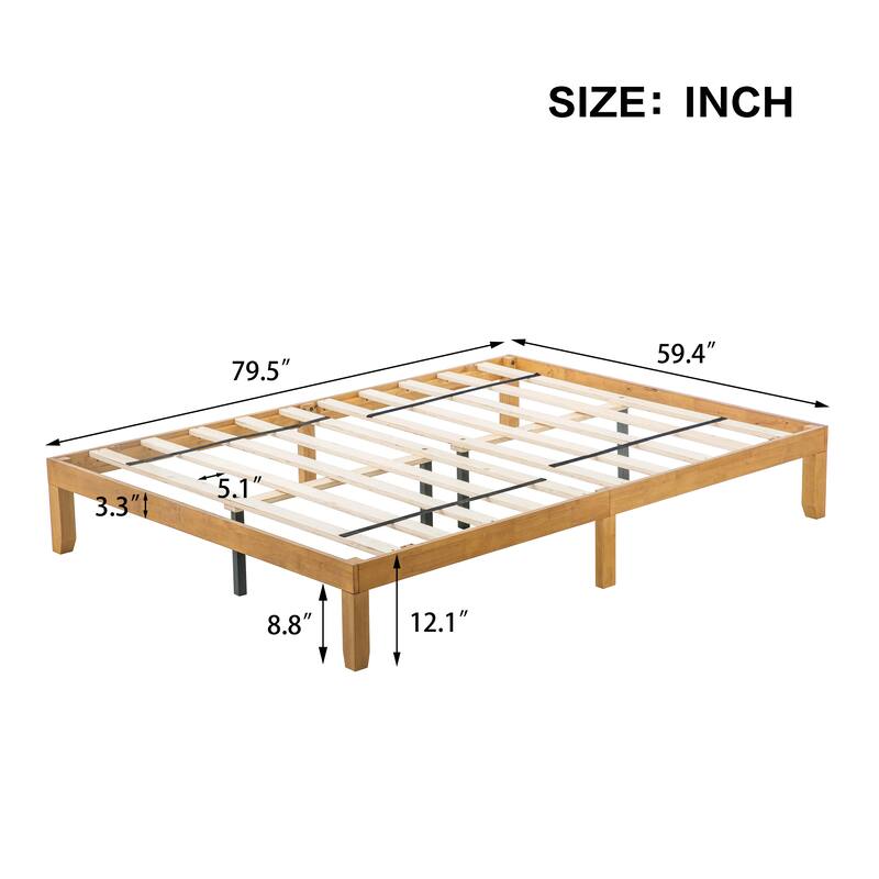 Brown+White Queen Size Wooden Platform Bed with Strong Wood Slat Support for Bedroom