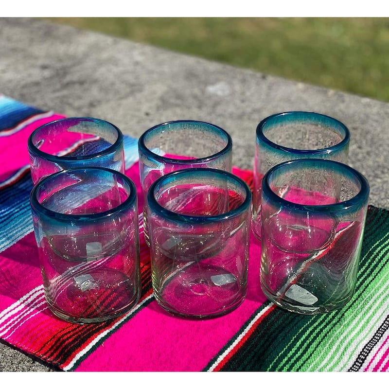 Dos Sueños Hand Blown Mexican Drinking Glasses - Set of 6 Tumbler Glasses with Aqua Blue Rims (10 oz each)