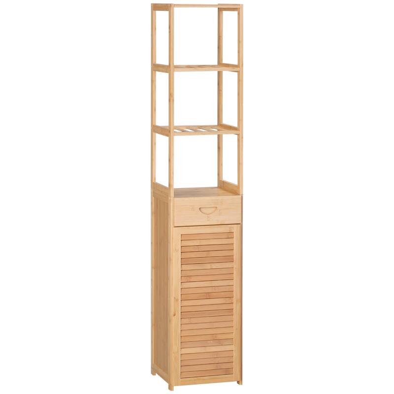 Natural Tall Bathroom Cabinet Display Cabinet with Open Shelves, Rustic Floor Cabinet with Louvered Door