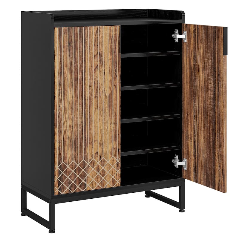 29" Brown & Black Shoe Cabinet with Doors, 5 Tiers