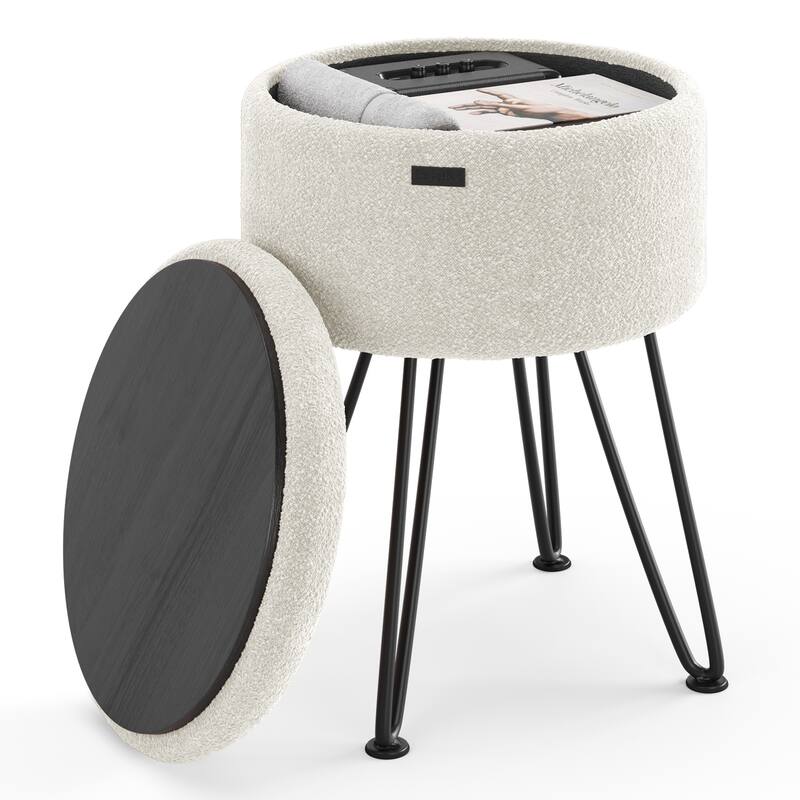 StorageBud Round Ottoman with Storage, Modern Ottomans for Living Room and Bedroom - 17" x 13' - White-Black Leg