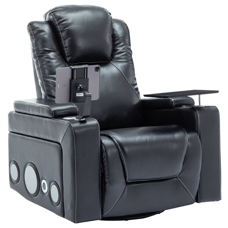 270 Degree Swivel PU Leather Power Recliner Individual Seat Home Theater Recliner with Surround Sound， Removable Tray Table