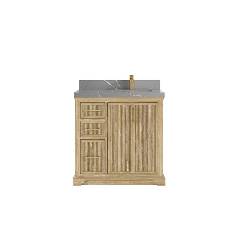 Willow Collections 36 x 22 Alys Solid Teak Right Offset Sink Bathroom Vanity with Quartz or Marble Countertop - 2”Piatra Gray - Whitewashed