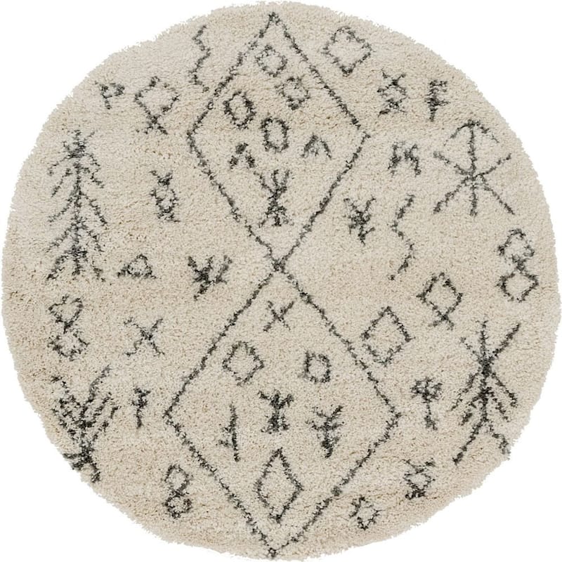 Shag Shoploni Collection Area Rug - 5' Round - Pure Ivory