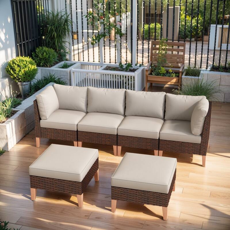 Patio Sectional Outdoor Sofa with Ottoman Sets - Beige - Brown