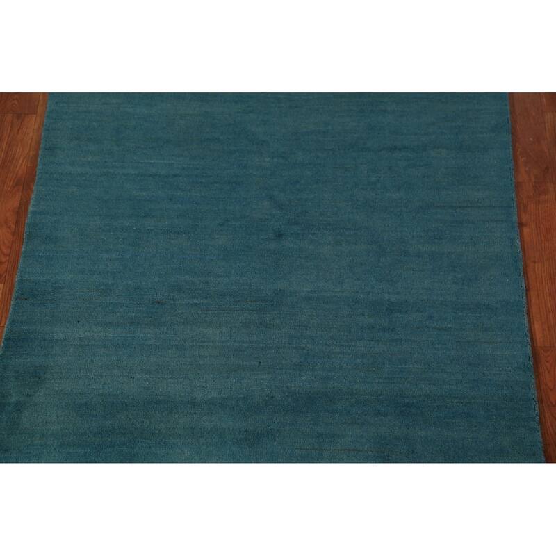 Teal Blue Gabbeh Modern Rug Hand-Knotted Foyer Wool Carpet - 3'4" x 4'10"