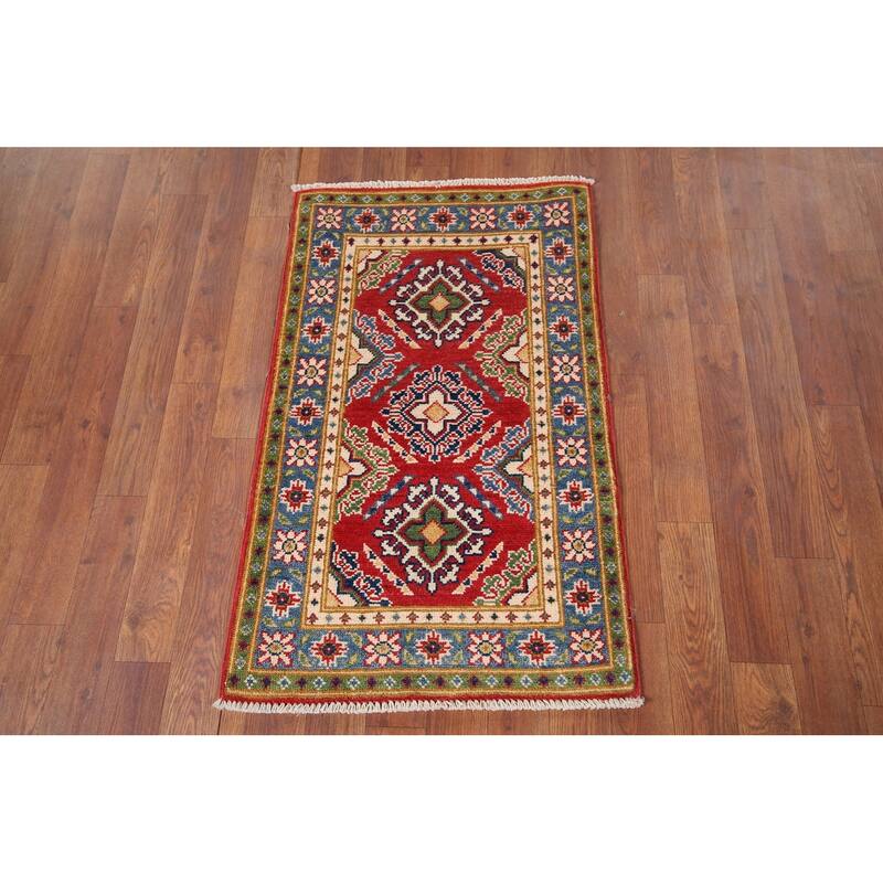 Hand Knotted Oriental 100% Wool Carpet Traditional Geometric Red Kazak Area Rug - 3' 0'' X 1' 10''
