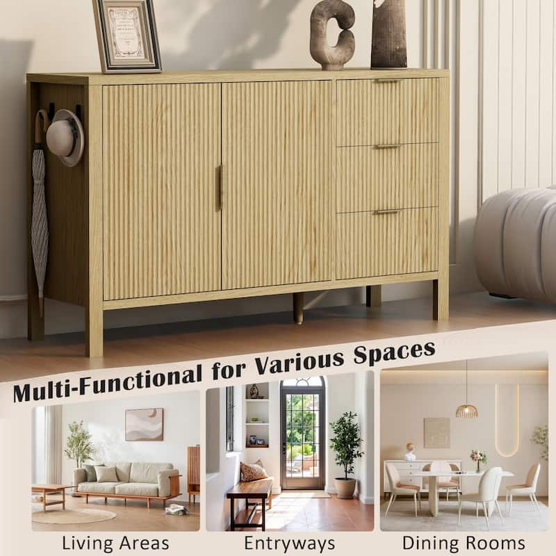 Modern Wave-Pattern Sideboard Storage Cabinet with 3 Drawers and Hooks