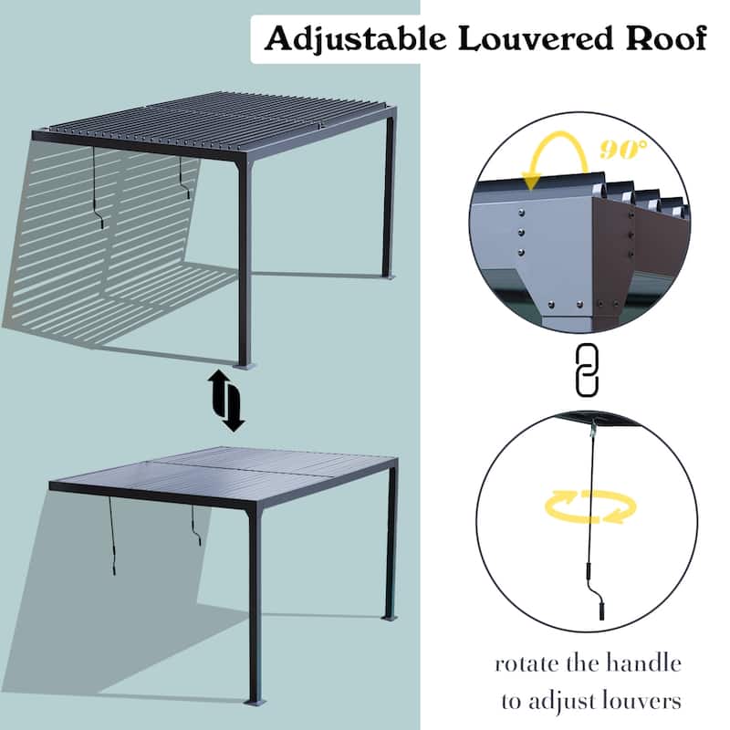 Aoodor Outdoor Aluminum Wall Mounted Louvered Pergola Waterproof Gazebo Sun Shade Shelter with 2 Adjustable Rainproof Panels