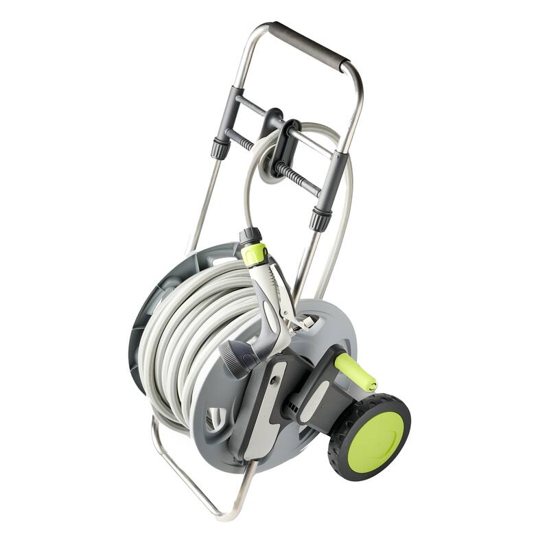 Kings County Tools Garden Hose Reel Cart with 100ft 5/8in Water Hose and Nozzle - Green and Gray
